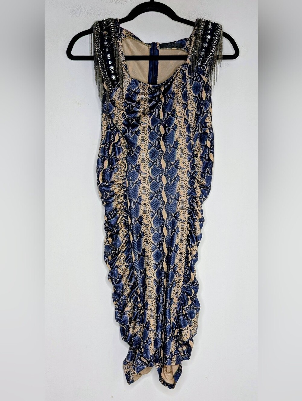 TOV Holy Python Print Bodycon Dress Chain Rhinestone Fringe Shoulders